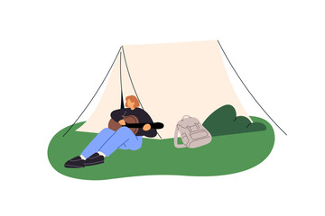 Hiker has a rest in camping, plays guitar outside trekking tent. Person with music instrument relaxes at campsite. Woman is in hiking campground. Flat isolated vector illustration on white background