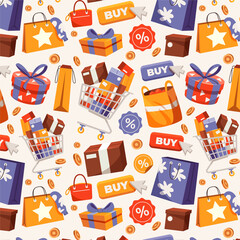 Flat Hand Drawn Seamless Shopping Pattern with Carts, Bags, and Discount Icons