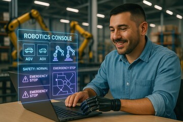 Robotics console interaction warehouse environment digital display industrial automation user focus technology and innovation