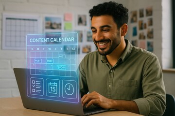 Creative content planning session home office digital workspace engaging atmosphere eye-level perspective productivity enhancement