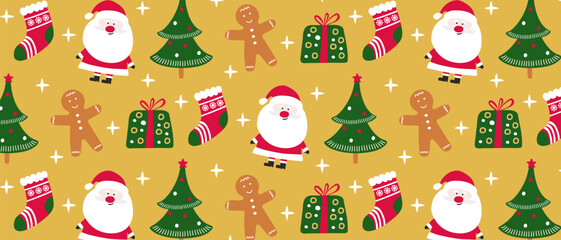 Christmas seamless pattern with Santa Claus, gingerbread man, gift, stocking and tree. Holiday wrapping paper concept.
