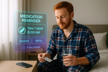 Daily medication reminder action home setting digital content cozy environment close-up view health management concept
