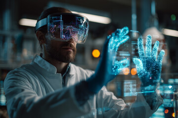 A scientist man in a high-tech research lab controlling holographic interfaces with hand gestures, glowing circuits floating in the air, immersive augmented reality display