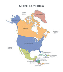 Naklejka premium North America continent isolated on white background. Countries of North America. Vector flat clipart.