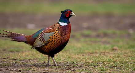 Vibrant pheasant displaying colorful plumage on grassy ground outdoors