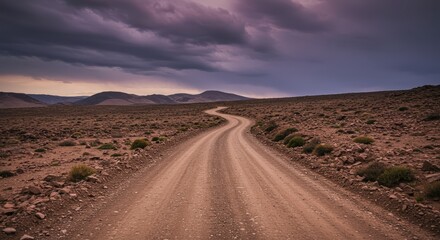 Winding dirt road through arid landscape under dramatic cloudy sky leading towards distant hills and horizon line