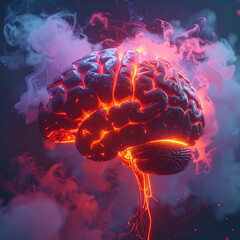 Obraz premium Human brain glowing with neon red and orange lights, smoky atmosphere, futuristic hi-tech style