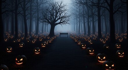 Spooky Halloween forest path with glowing jack-o'-lanterns, bare trees, and mystical fog at night, eerie autumn scene