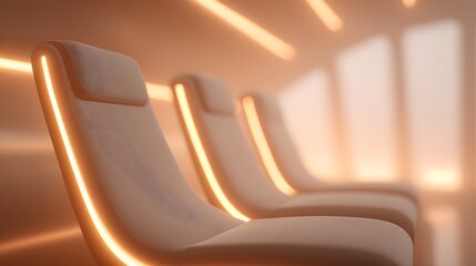 Luxury futuristic car lounge blurred soft reclining seats and glowing ambient strip