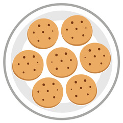 Overhead view of seven round chocolate chip cookies on a simple white plate graphic art