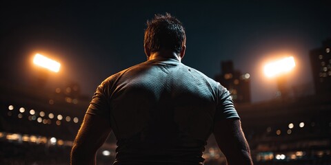 Man at night stadium, focused