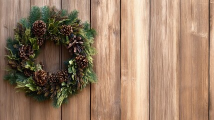 A festive wreath adorned with pinecones and greenery hanging on a rustic wooden wall, evoking holiday cheer