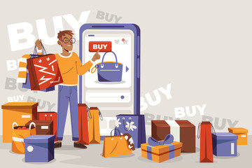 Obraz premium Flat Hand Drawn Consumerism Background with Shopping Bags, Boxes, and Sale Elements