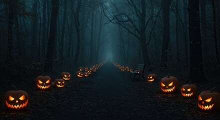 Eerie forest path lined with illuminated carved pumpkins on a dark and foggy Halloween night, creating a spooky atmosphere.