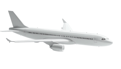 A white passenger jet, side profile, wings, tail fin, and fuselage detailed on black