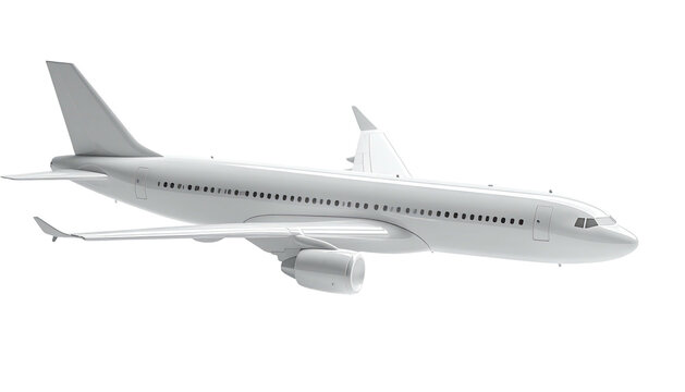 A white passenger jet, side profile, wings, tail fin, and fuselage detailed on black
