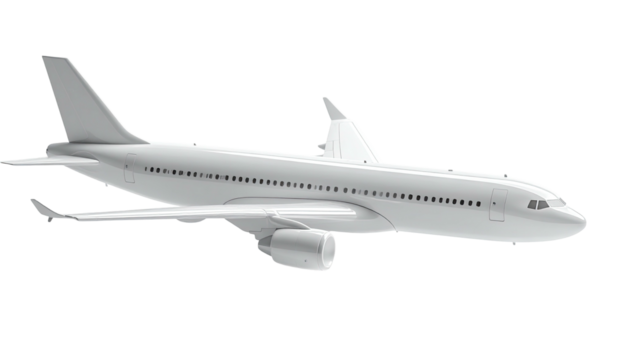 A white passenger jet, side profile, wings, tail fin, and fuselage detailed on black