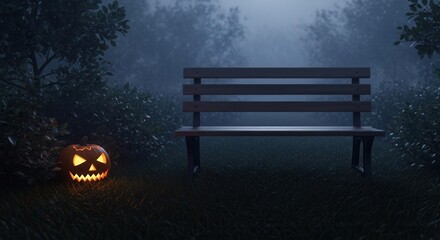 Eerie Halloween night scene with glowing carved pumpkin and empty park bench in a mysterious dark, foggy forest. Spooky atmosphere.