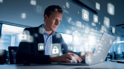 Caucasian businessman managing encryption keys at modern office desk with digital security elements