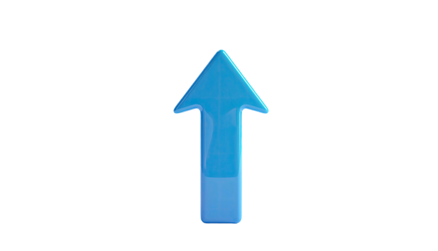 A vibrant, 3D, glossy light blue arrow pointing upwards on a stark black background