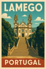 Vintage-style poster of Lamego Portugal highlighting the Sanctuary of Nossa Senhora dos Remédios framed by a grand staircase, tall trees and blue sky