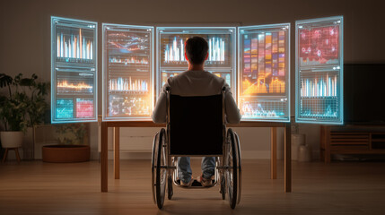 Disabled man in a wheelchair exploring digital data with VR headset, holographic screens, and futuristic virtual interface. Innovation, technology, and accessibility concept.