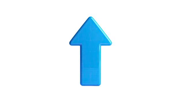 3D-rendered glossy blue arrow pointing upward against a stark, black background