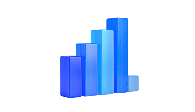 3D, ascending bars of varying heights, gradient blue on black background - Powered by Adobe
