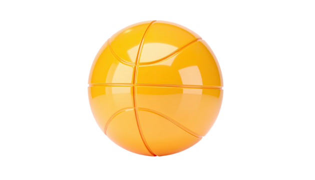 Shiny, yellow, 3D basketball isolated on black, showcasing textured grooves