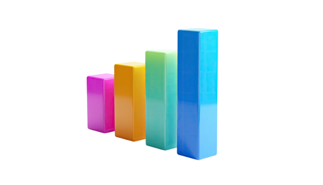 A colorful, three-dimensional bar graph, ascending in height against black