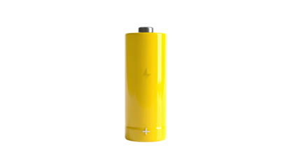 A vertical, glossy yellow battery with a lightning bolt on a stark black background