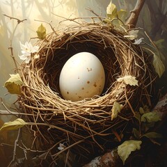 Egg in a nest, sunlight