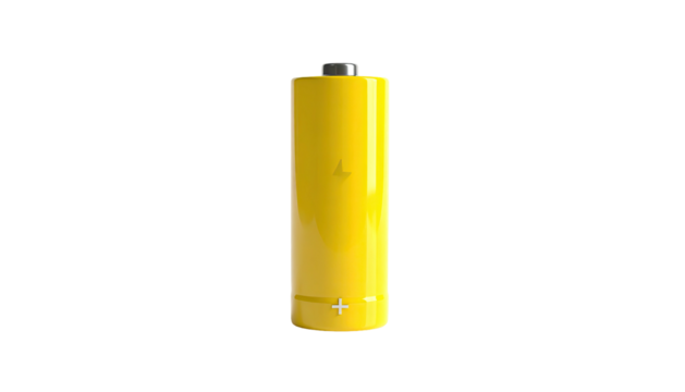 A vertical, glossy yellow battery with a lightning bolt on a stark black background