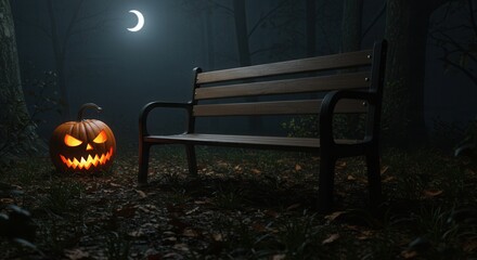 Eerie Halloween night: glowing jack-o'-lantern by a park bench under a crescent moon in a misty forest