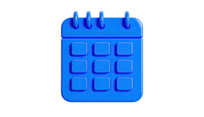 Blue 3D rendered calendar icon with simple design, against a black background