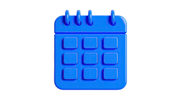 Blue 3D rendered calendar icon with simple design, against a black background