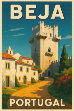 Bright travel poster of Beja, Portugal featuring the iconic medieval tower surrounded by whitewashed houses, blue shutters, and lush plants on a sunny day