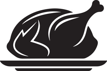 Roasted Whole Chicken on a Plate  Black Silhouette Food Vector Icon