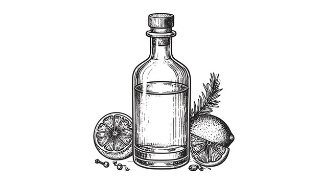Hand-drawn illustration of a bottle of oil with citrus fruits and herbs