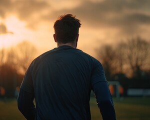 Man in dark blue sports top, walking away from sunset, on a sports field
