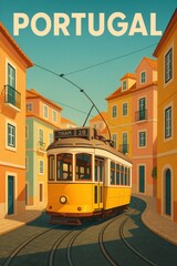 Naklejka premium Lisbon’s famous tram 28 passes between warm pastel buildings with tiled roofs and wrought iron balconies under a bright blue sky in Portugal