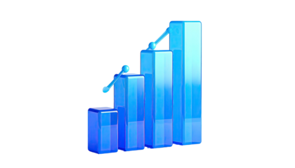 Glossy blue 3D bar graph shows increasing upward trend against black backdrop
