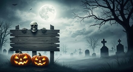 Spooky Halloween Night with Glowing Jack-o'-Lanterns, Skull Sign, and Full Moon over Foggy Graveyard