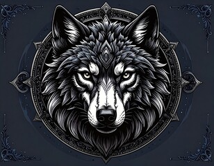 Detailed wolf head in ornate frame