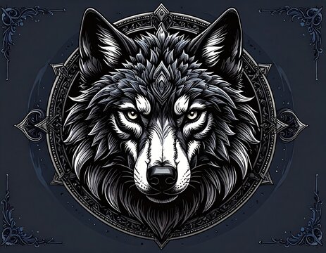 Detailed wolf head in ornate frame