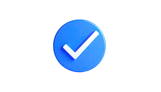 3D rendered blue circle with a checkmark, floating on a black background