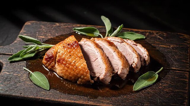 Perfectly Roasted and Sliced Duck Breast with Crispy Skin, Served with Fresh Sage on a Rustic Board