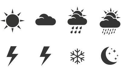 Monochromatic Weather Icon Set: Sun, Clouds, Rain, Snow, and Storm Symbols