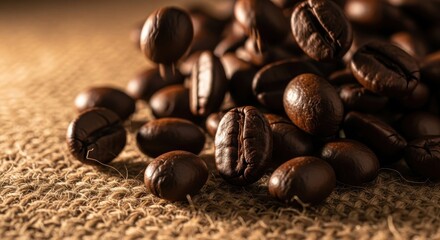 Fototapeta premium Fragrant coffee beans cascading onto rustic burlap with earthy charm