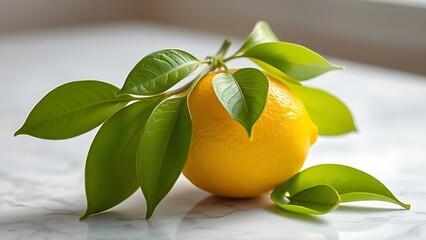 Fresh lemon with green leaves on marble, illuminated by natural window light.